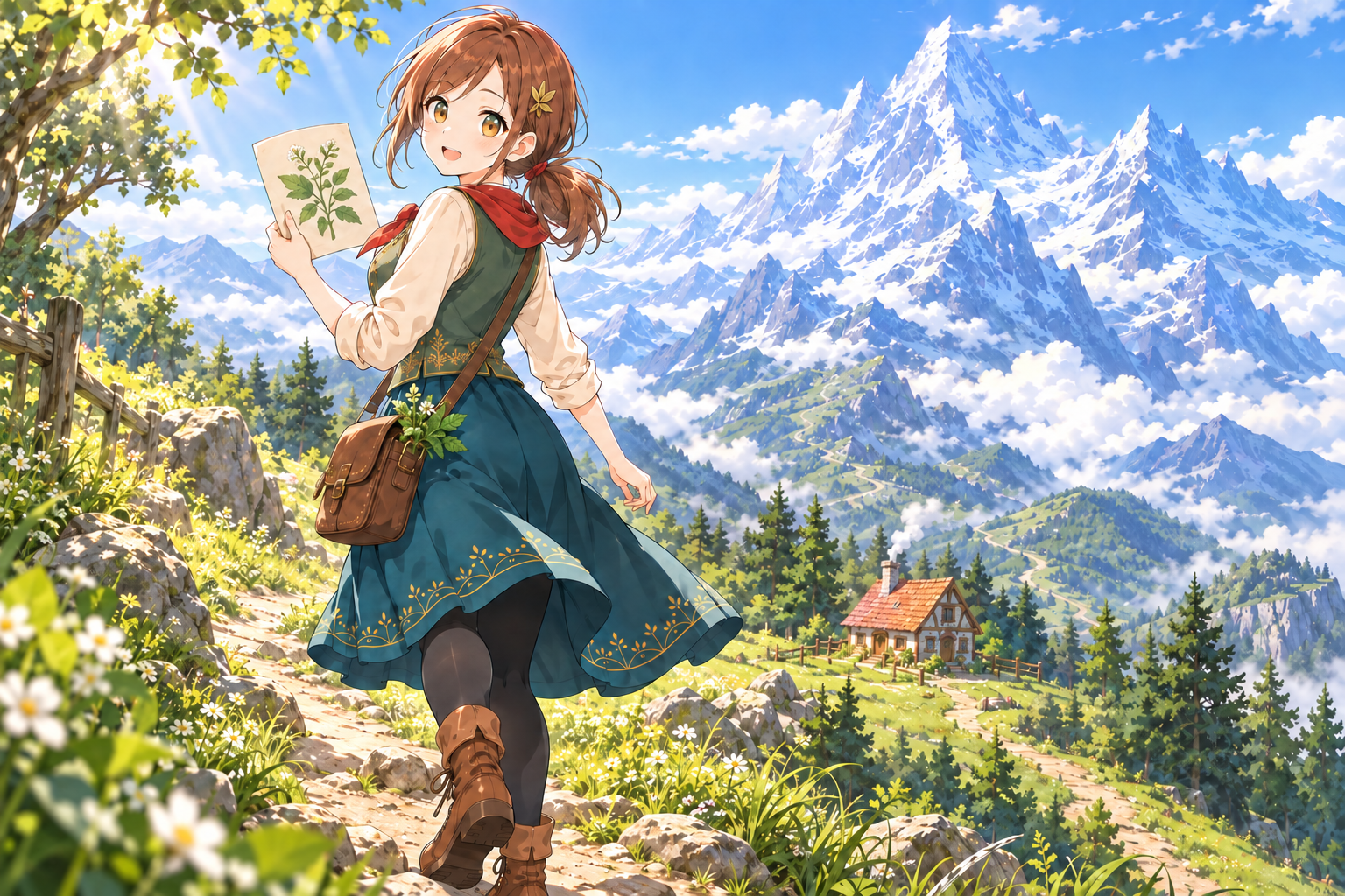 薬草の絵を手に、家から山道へ出かけるコハル。背後には雲を突き抜ける巨大な雪山。